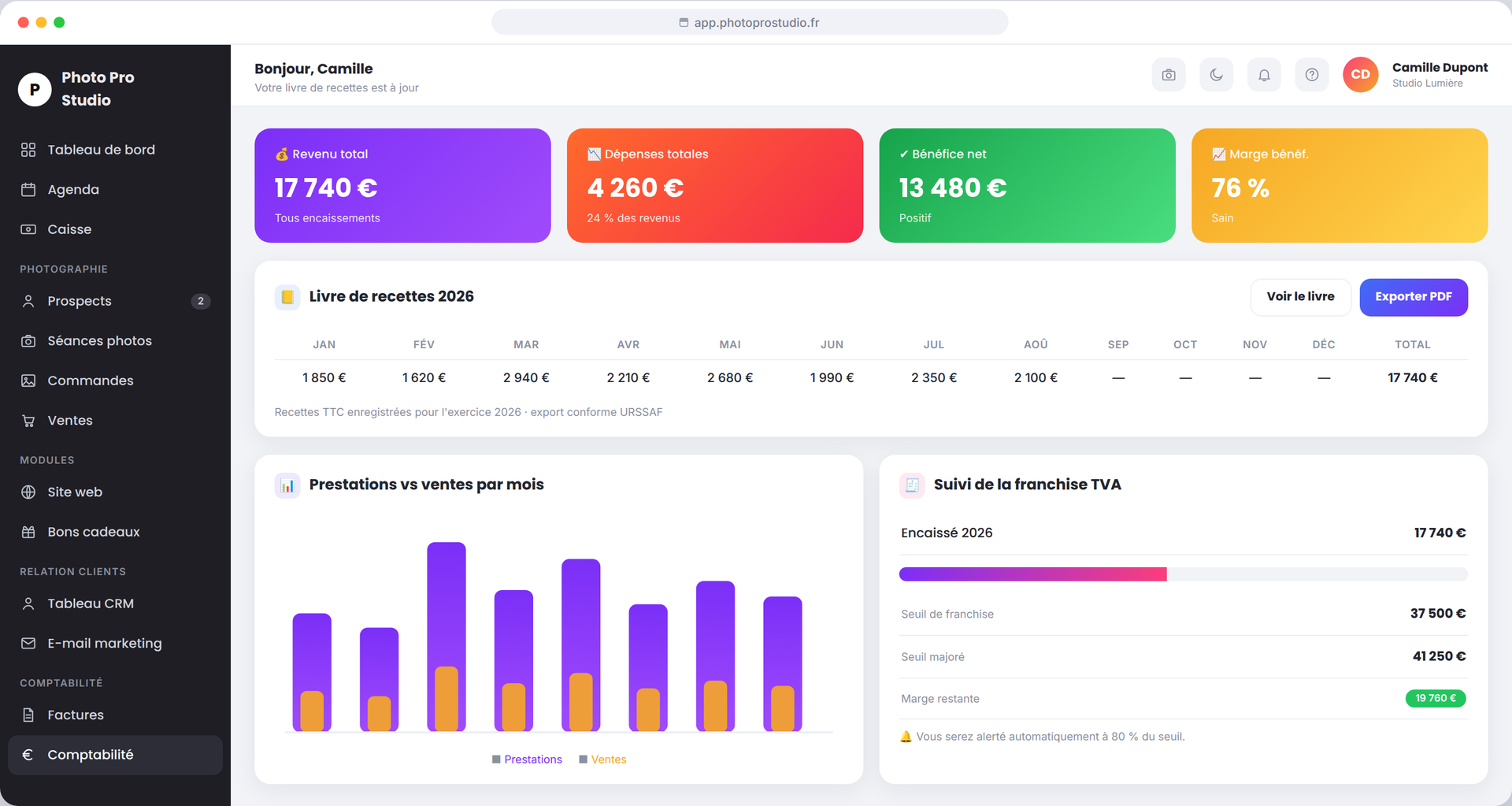 Comptabilité Photo Pro Studio — revenus, dépenses, livre de recettes et franchise TVA