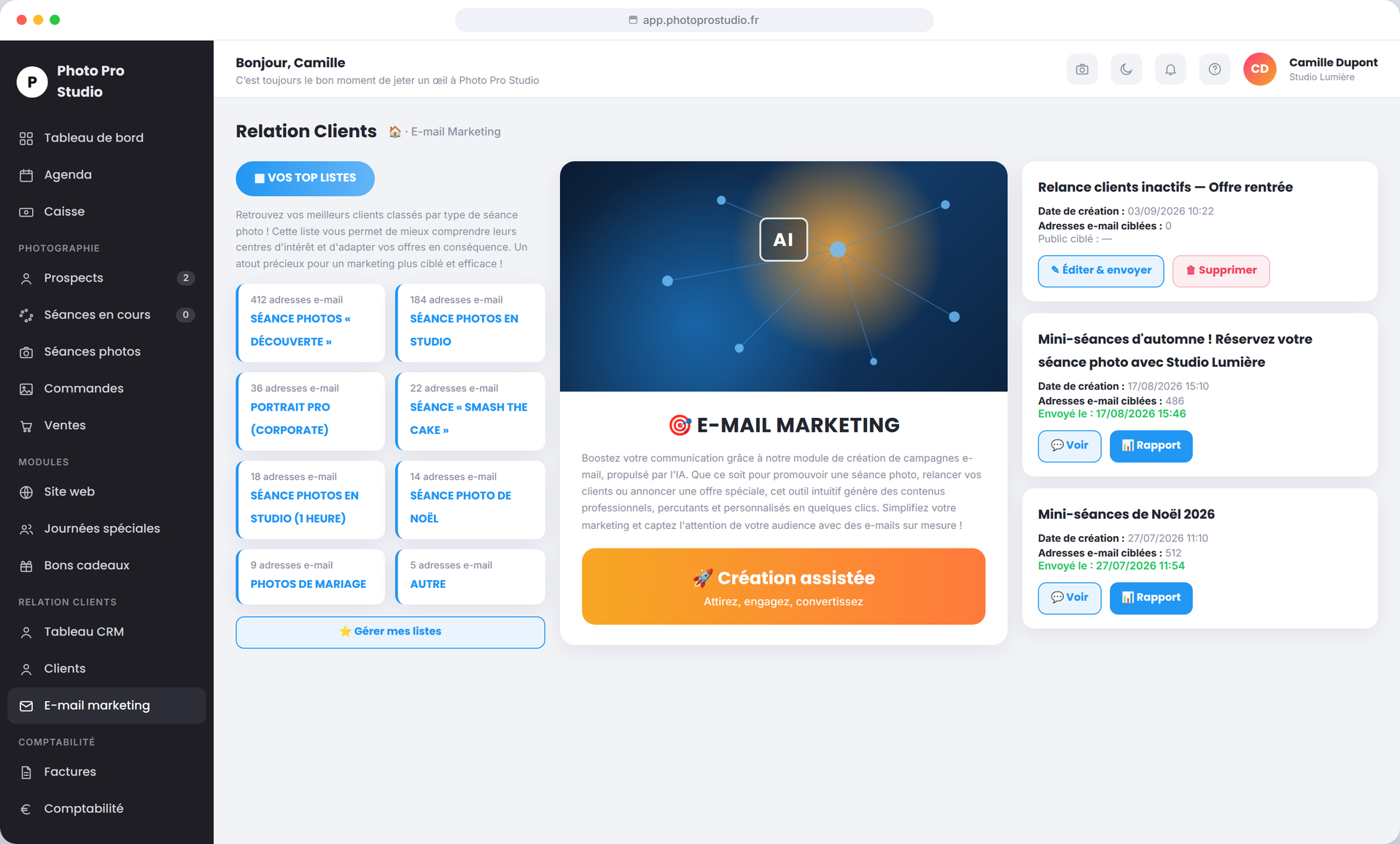 E-mail marketing Photo Pro Studio — listes de clients et campagnes créées avec l'IA