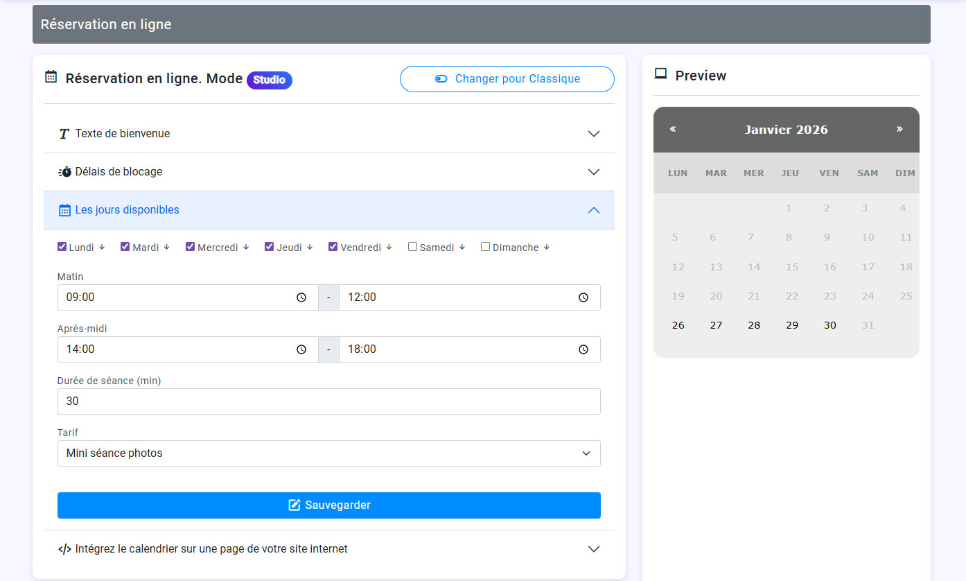 R&eacute;servation en ligne de type Studio