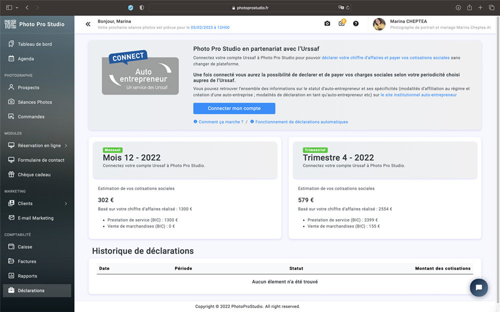 13. Calcul automatique du chiffre dʼaffaires. Déclaration Urssaf.
